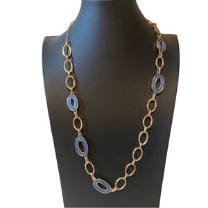 Laundry By Shelli Segal Long Yellow Gold Tone and Blue Oval Chain Necklace